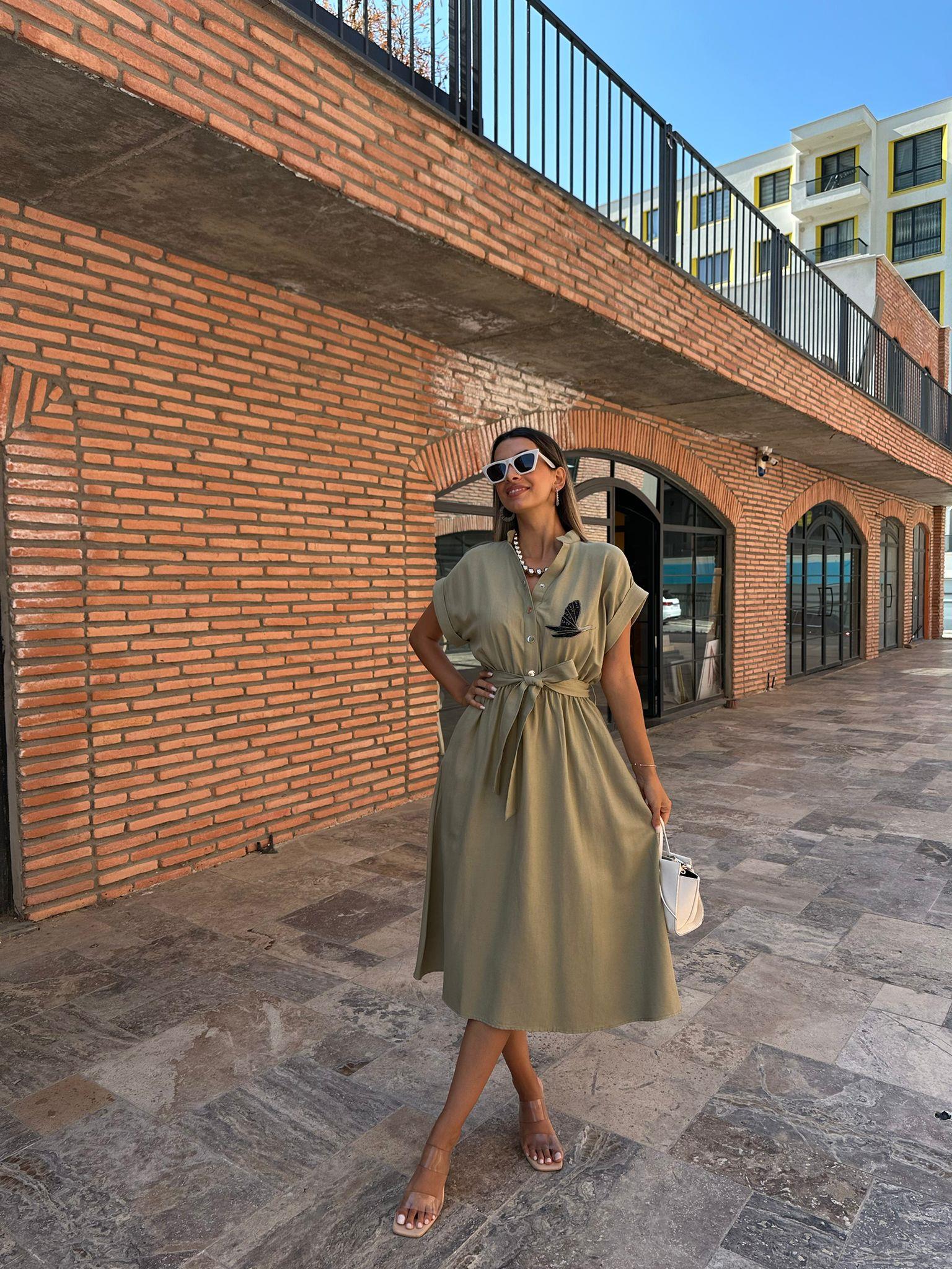 Kuşlu Orijinal Marka Yeşil Gömlek Elbise  070621195