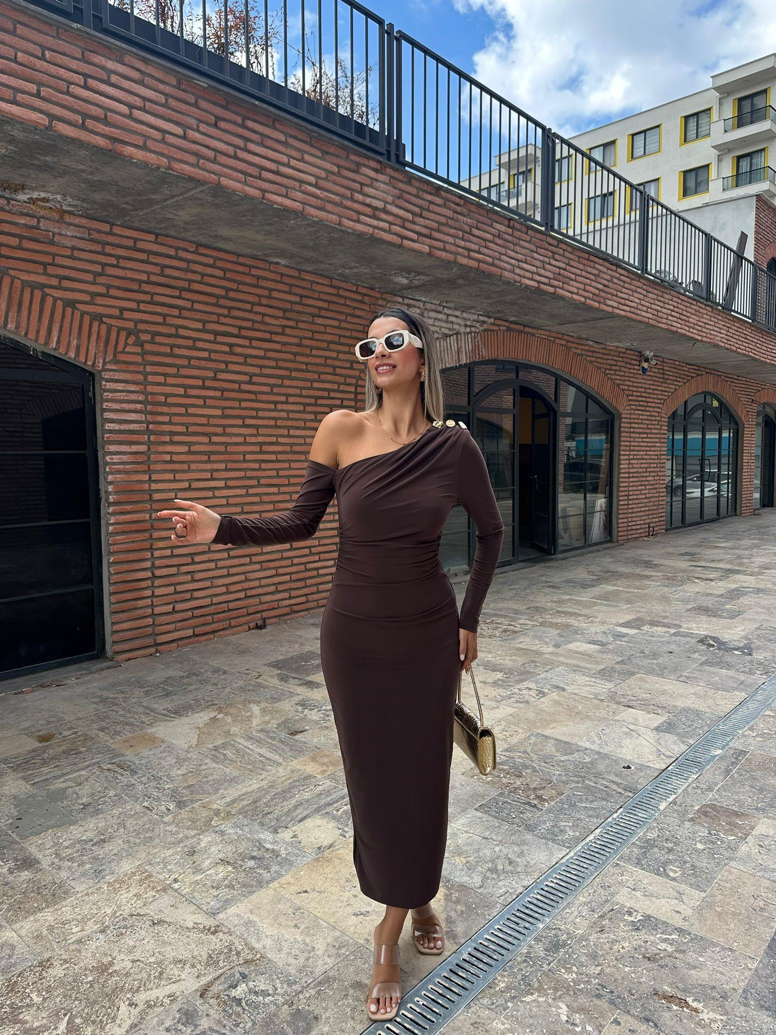 Laura Omuz Aksesuarlı Kahverengi Kalem Elbise kelb1005grs
