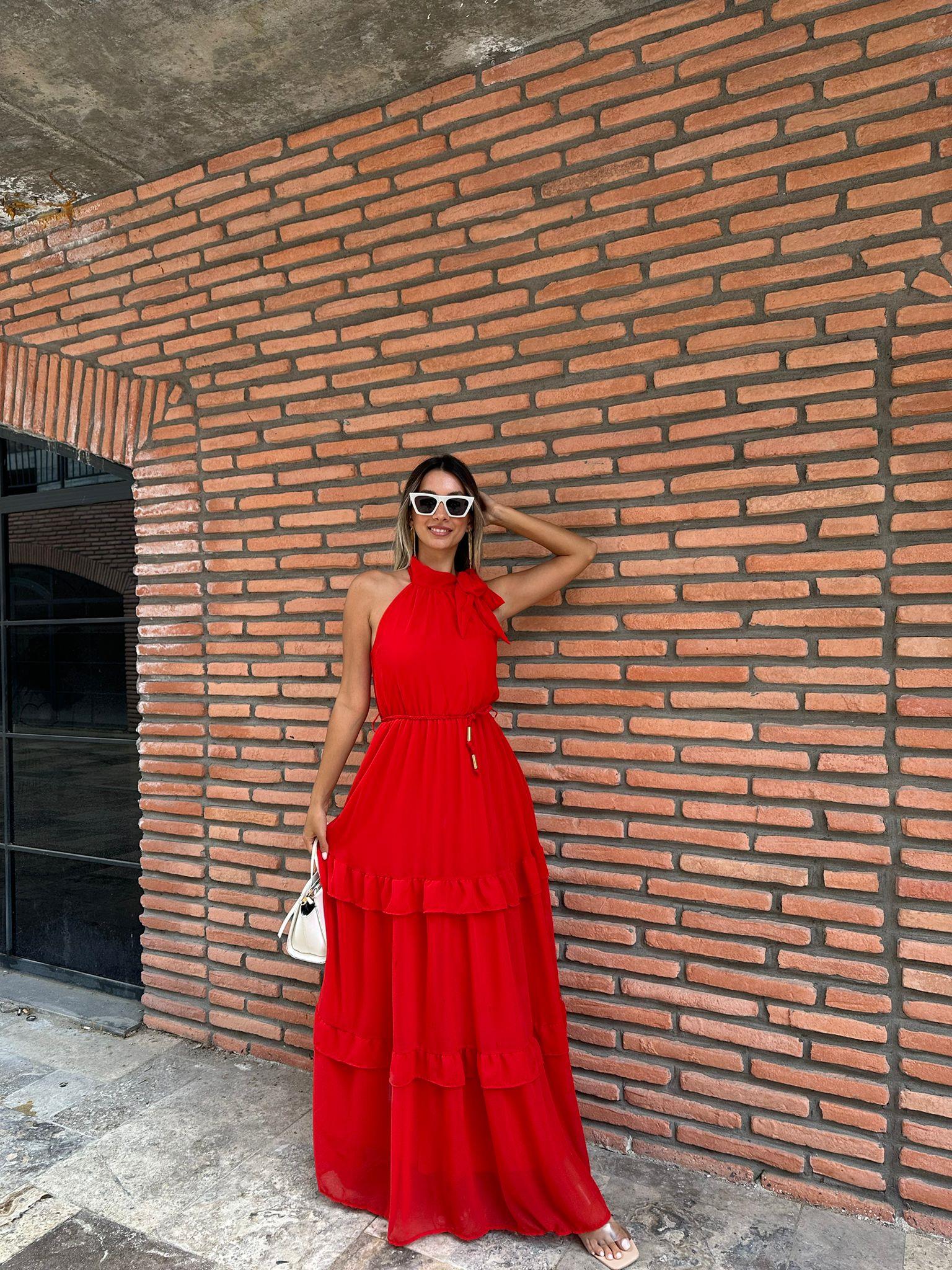 Lefla Boyun Bağlamalı Kırmızı Elbise 070621198