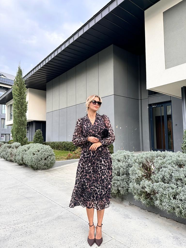 Lelly Leopar Desen Astarlı Uzun Elbise 1707461