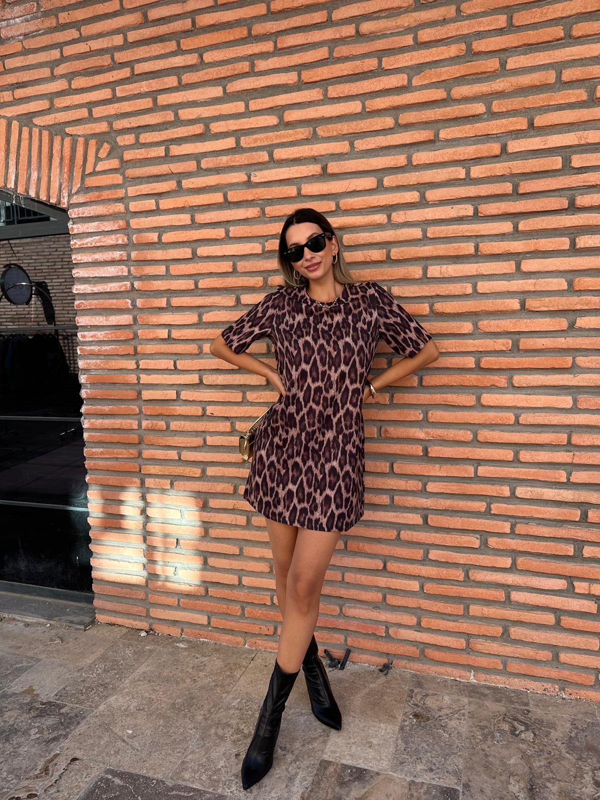 Leopar Baskı Kısa Elbise elb1055nsn