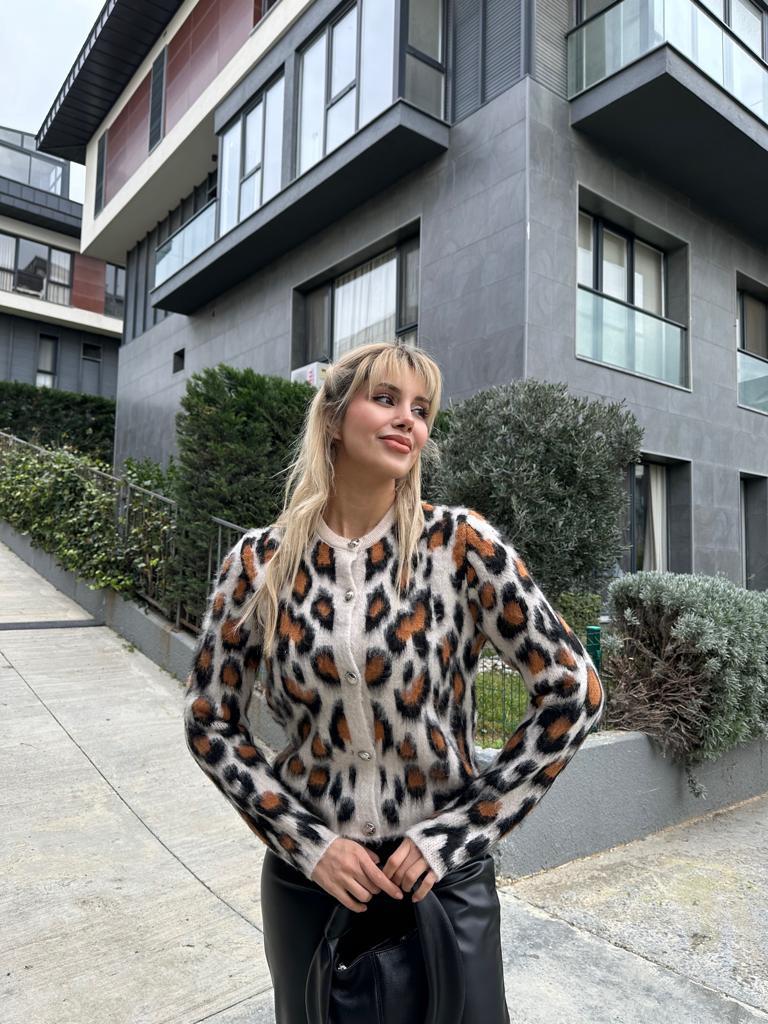 Leopar Desen Krem-Taba Hırka 1707498