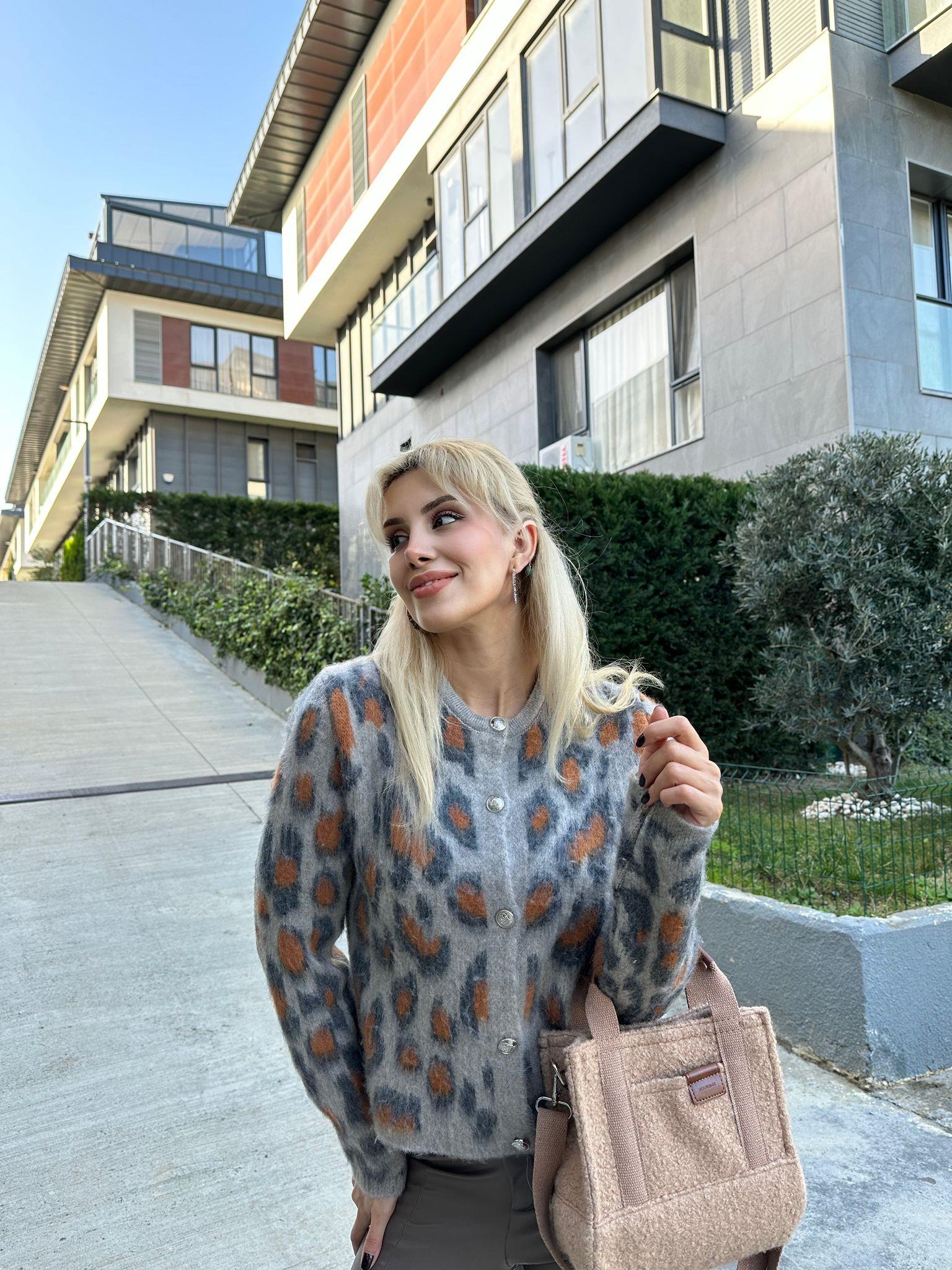 Leopar Desen Vizon-Antrasit Hırka 1707498