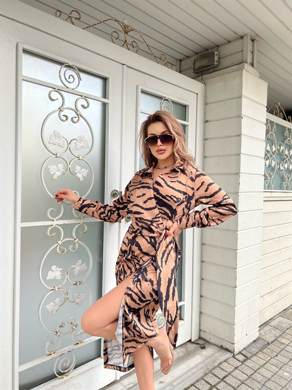 Lesa Camel Zebra Saten Elbise