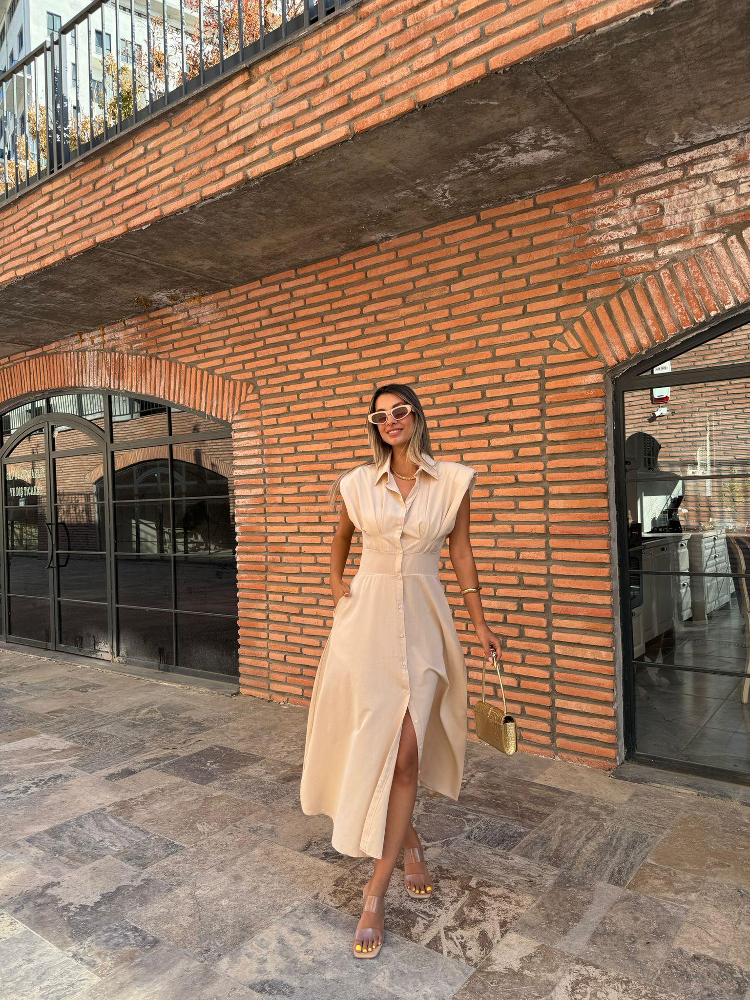 Lesla Belden Oturtmalı Bej Elbise 070621149