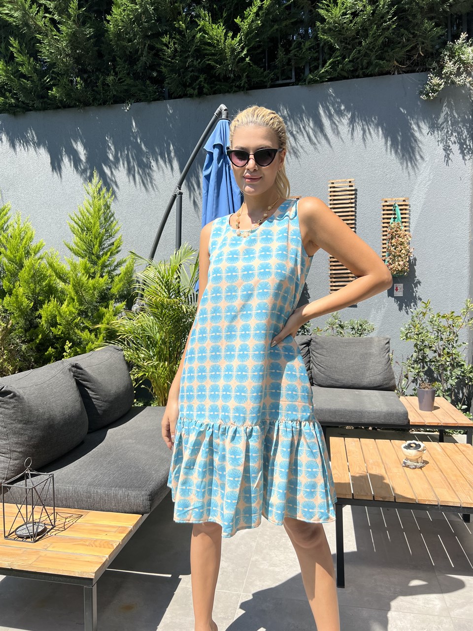 Lexi Desenli Keten Elbise Mavi
