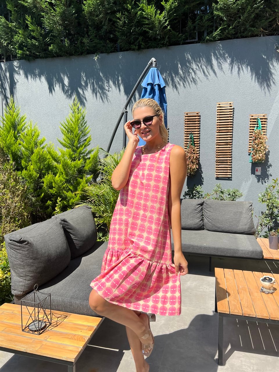 Lexi Desenli Keten Elbise Pembe