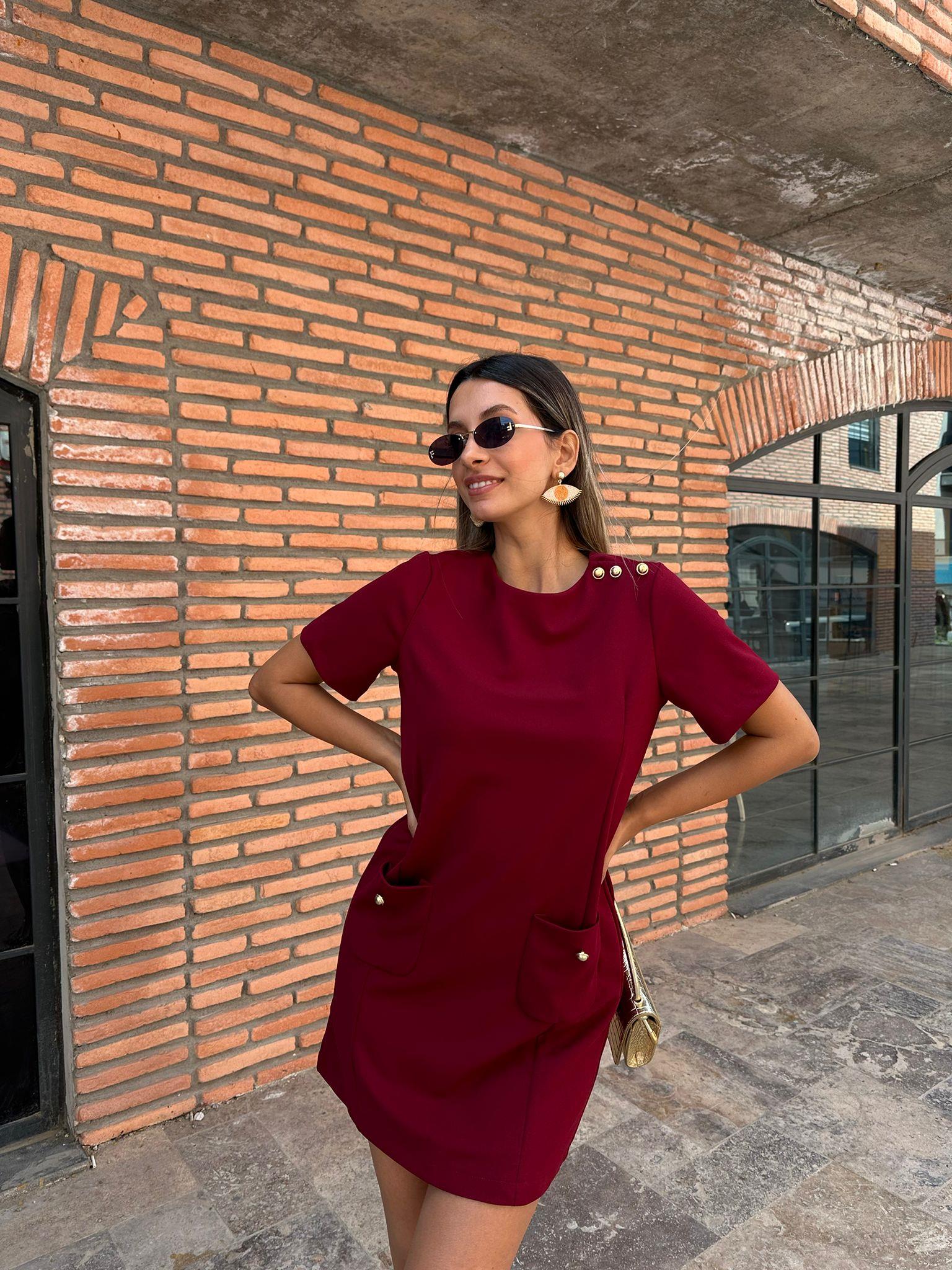 Liana Cepli Gold Düğme Detay Bordo Elbise 070621224