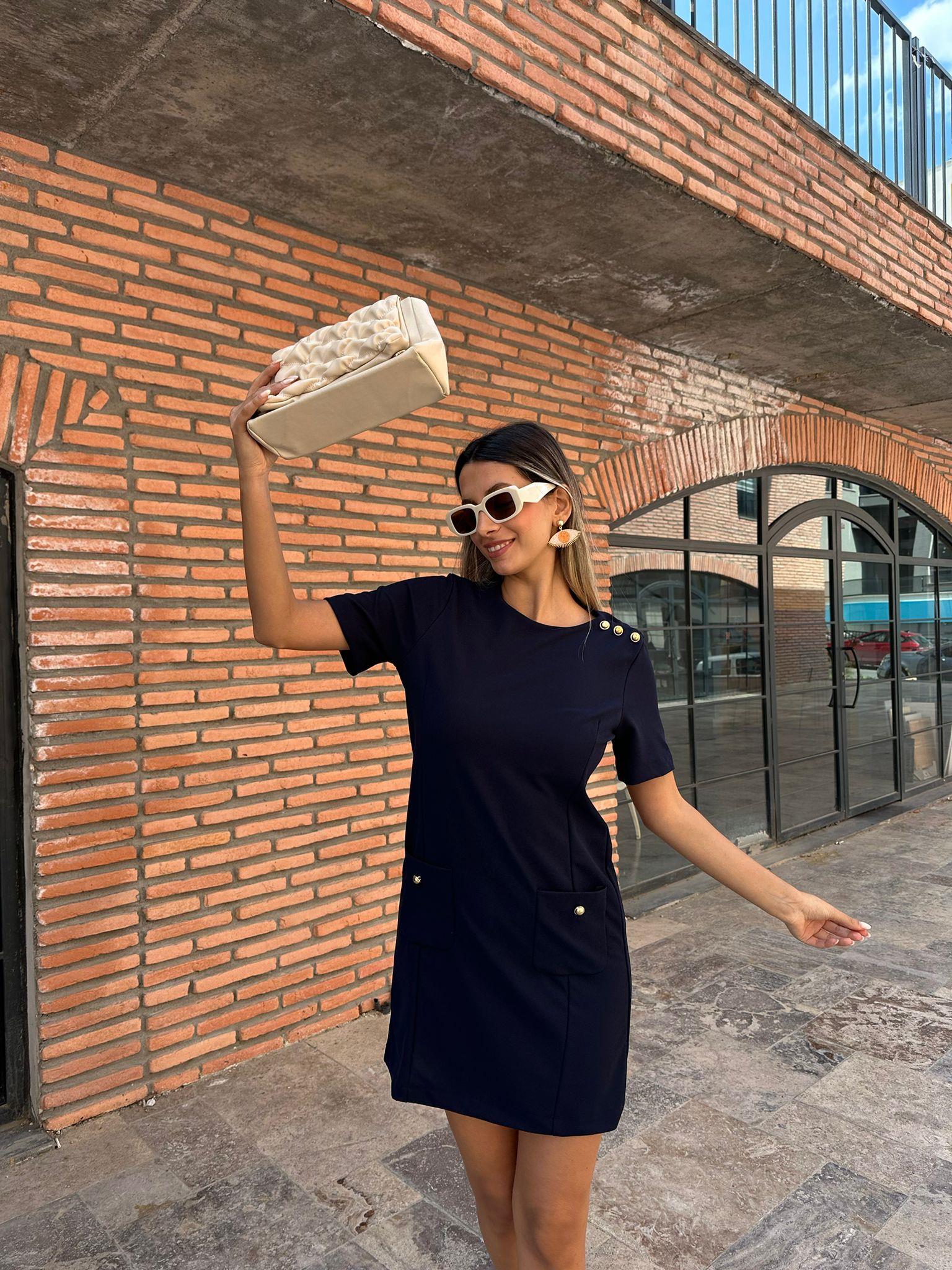 Liana Cepli Gold Düğme Detay Lacivert Elbise 070621224