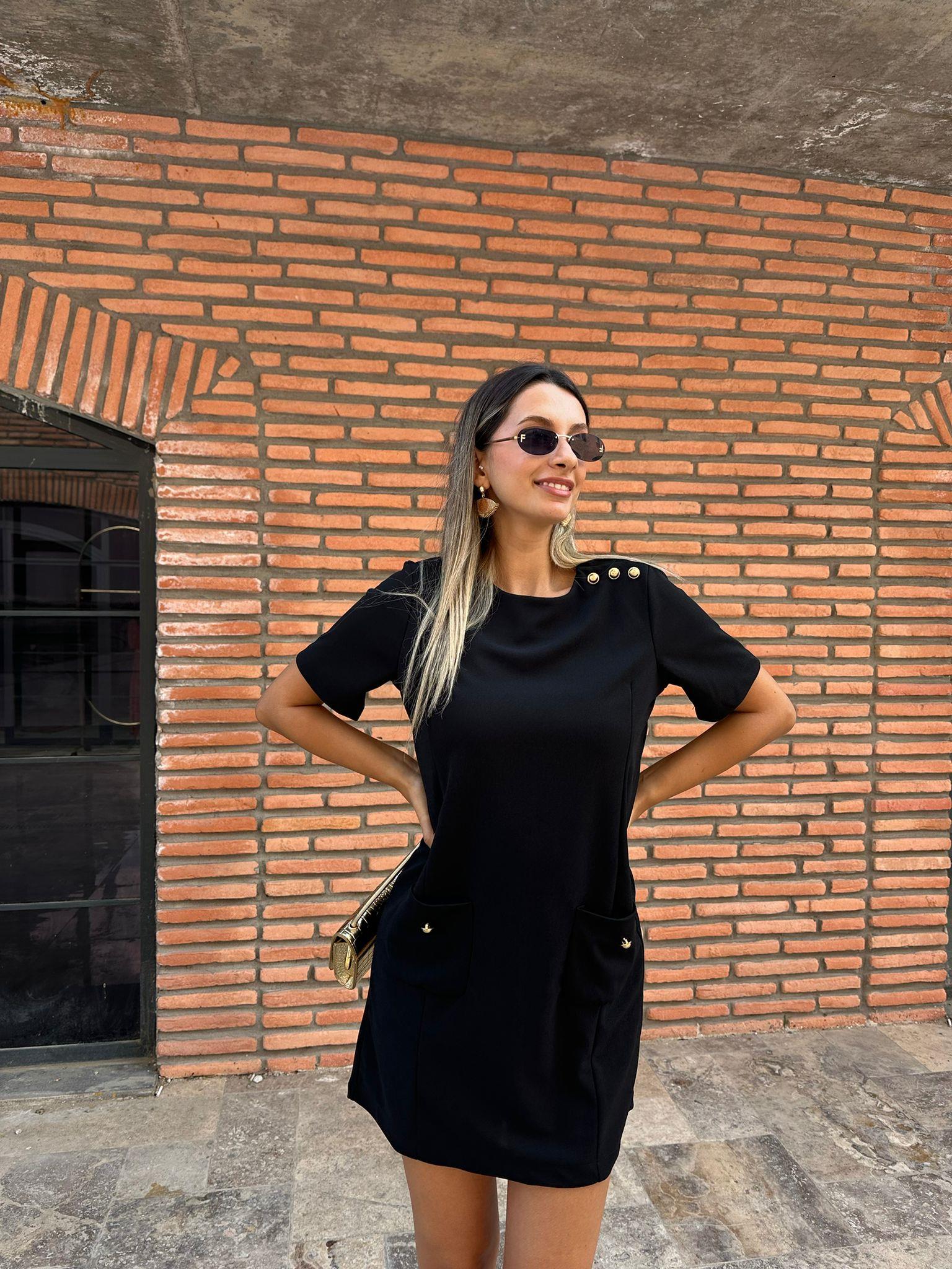 Liana Cepli Gold Düğme Detay Siyah Elbise 070621224