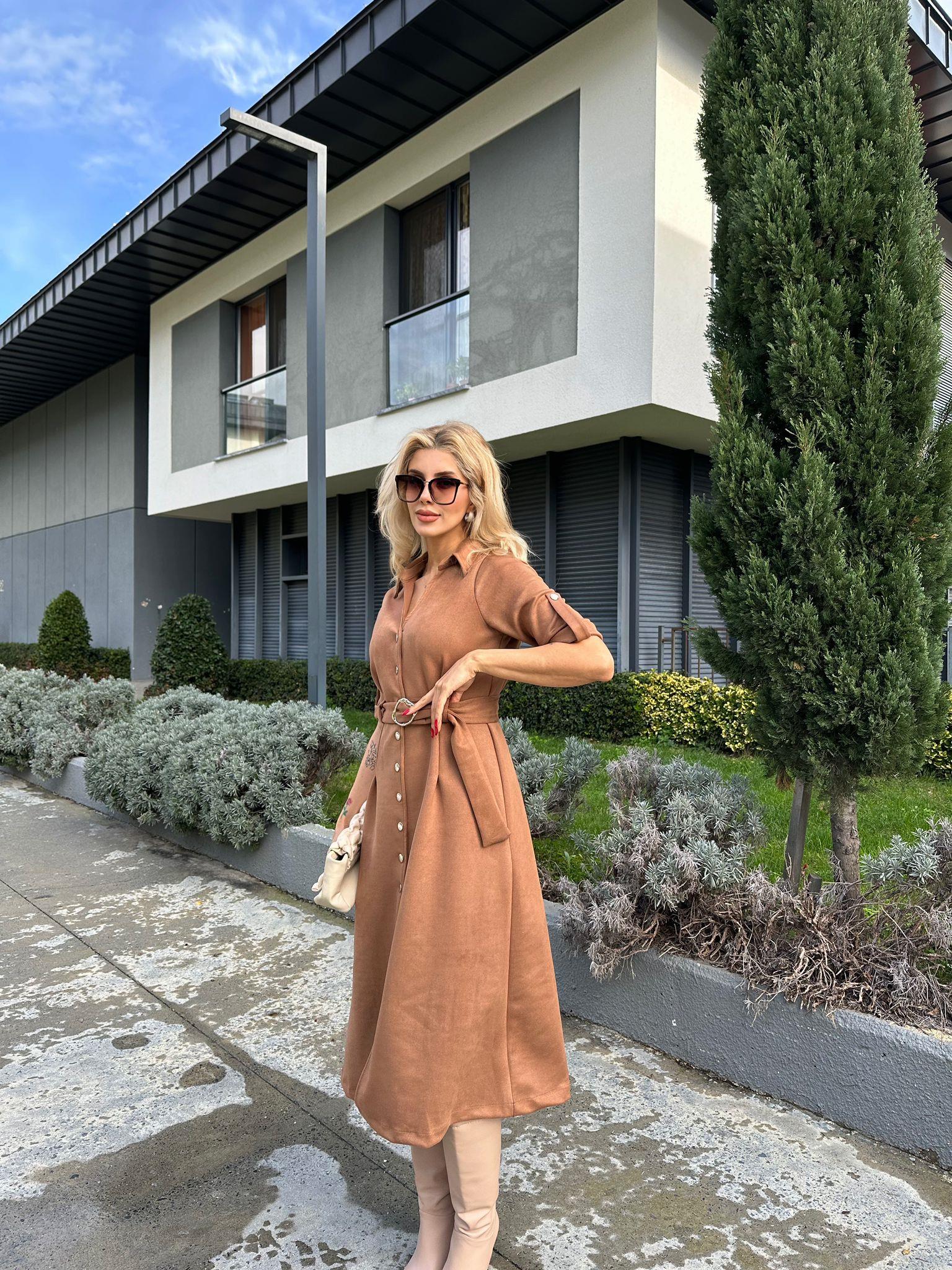 Lilana Kemerli Nubuk Camel Elbise 1707576