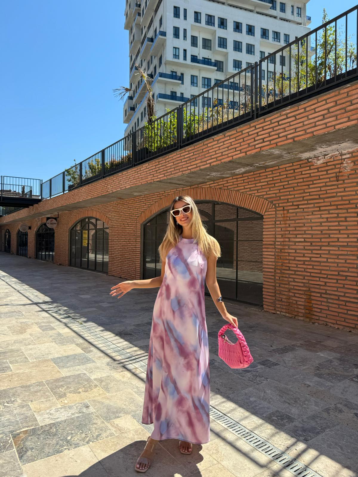 Lizza Desenli Yırtmaçlı Elbise Lila 070621100