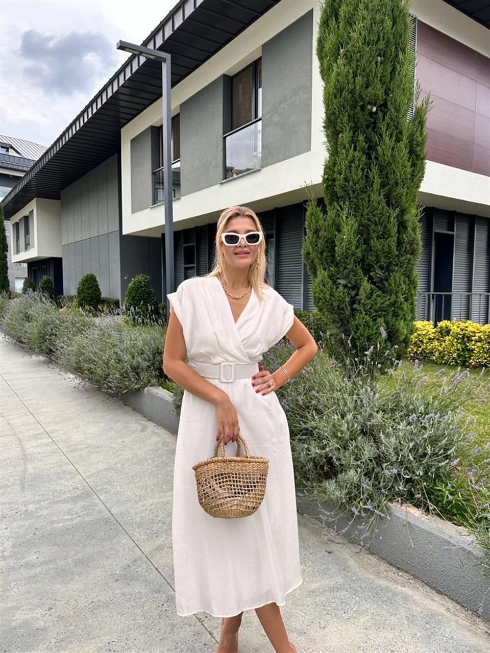 Lola Double Kol Kemerli Keten Elbise Beyaz 0707296