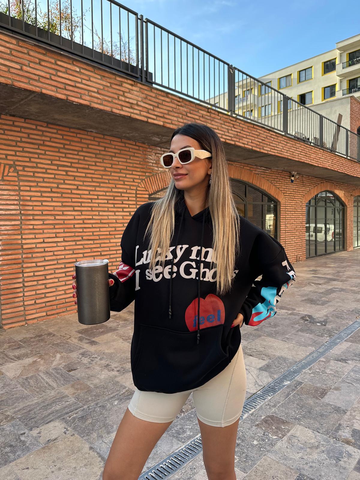 Lucky İthal Baskılı Sweat Siyah swt1045ogz
