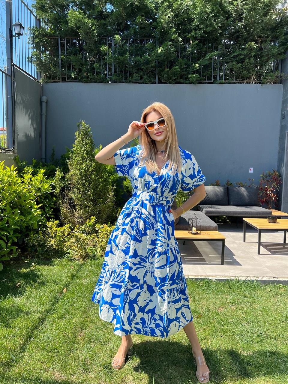 Luka Yapraklı Mavi Beyaz Gömlek Elbise