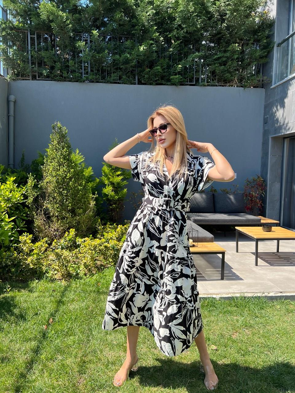 Luka Yapraklı Siyah Beyaz Gömlek Elbise