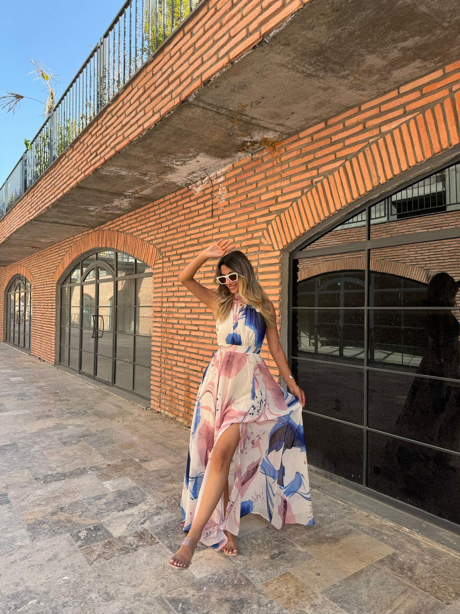 Malte Pembe Boyun Bağlamalı Şifon Tasarım  Elbise 07062158
