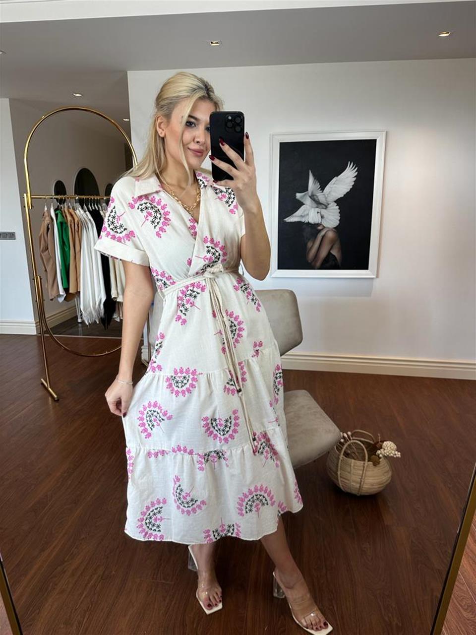 Manolya hasır kemer kruvaze yaka keten elbise Pembe 1504135