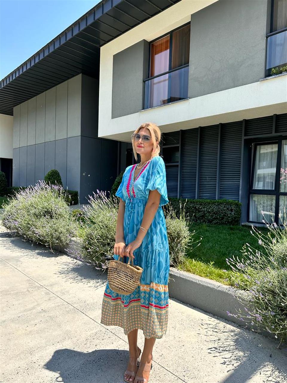 Mara Sırt Bağcıklı Viskon Elbise Mavi  0707286