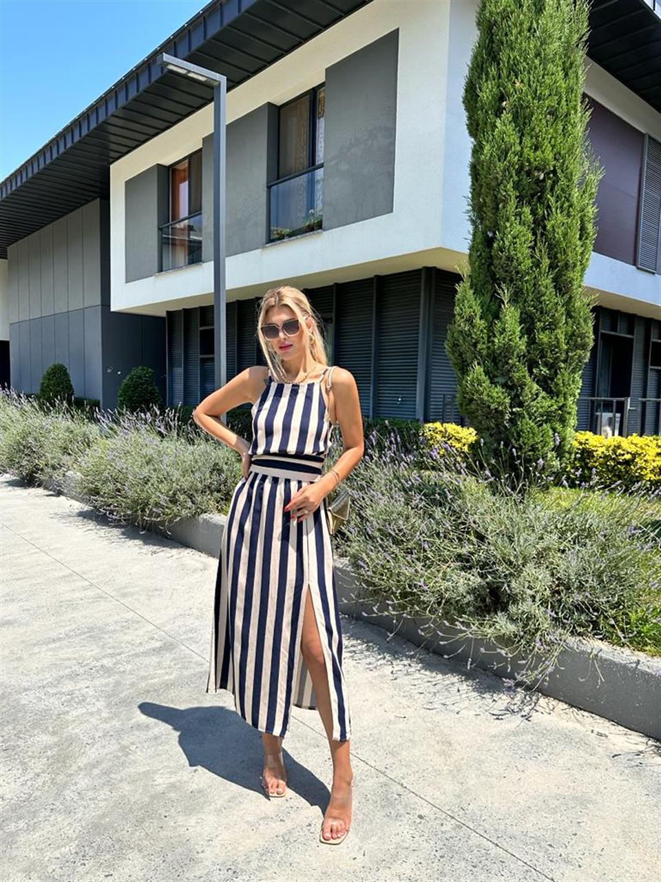 Marin Lacivert Çizgili Yırtmaçlı Elbise 0707275