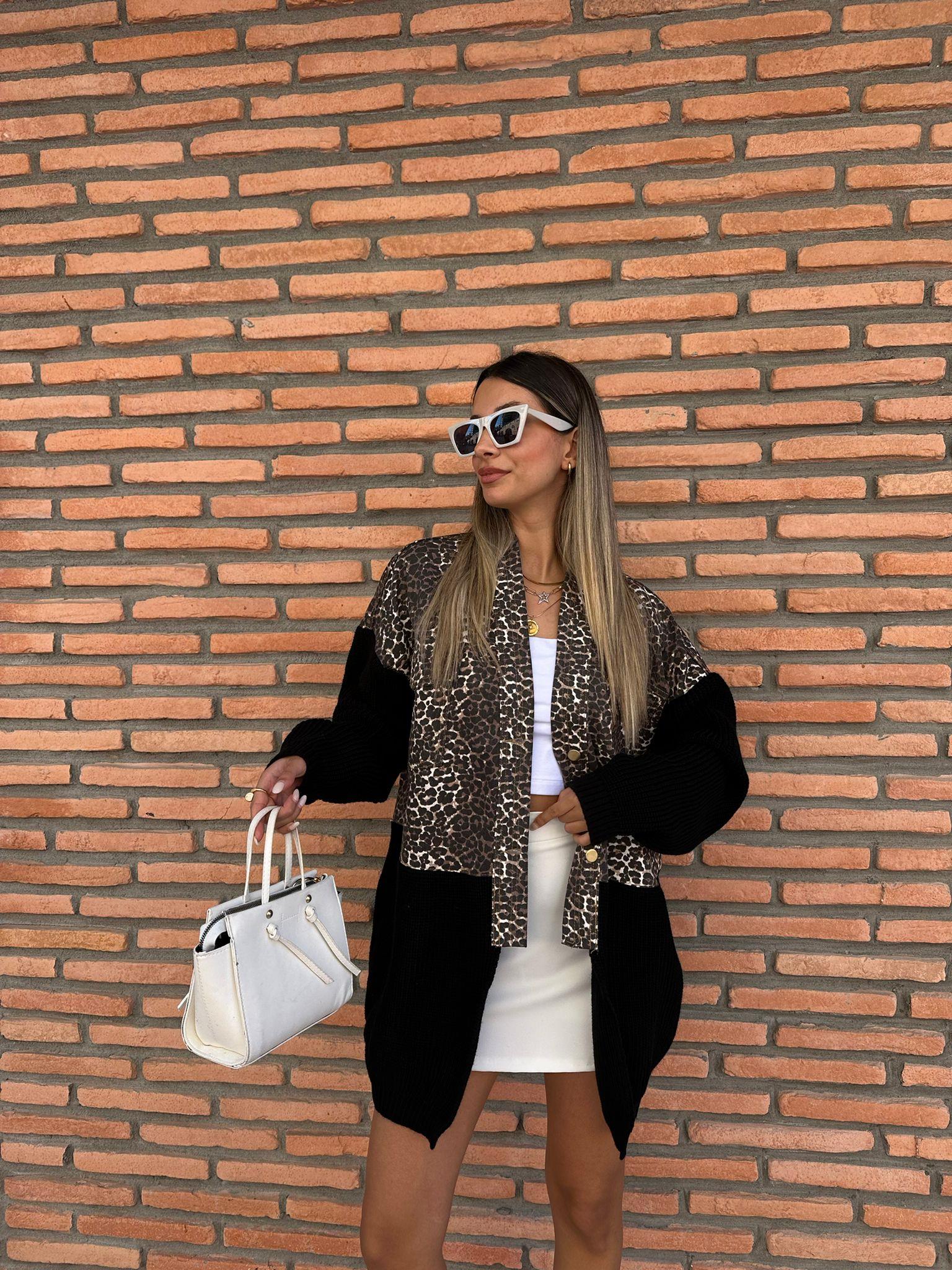 Marka Model Triko Mixli Tasarım Leopar Ceket Gri hrk1016rvd