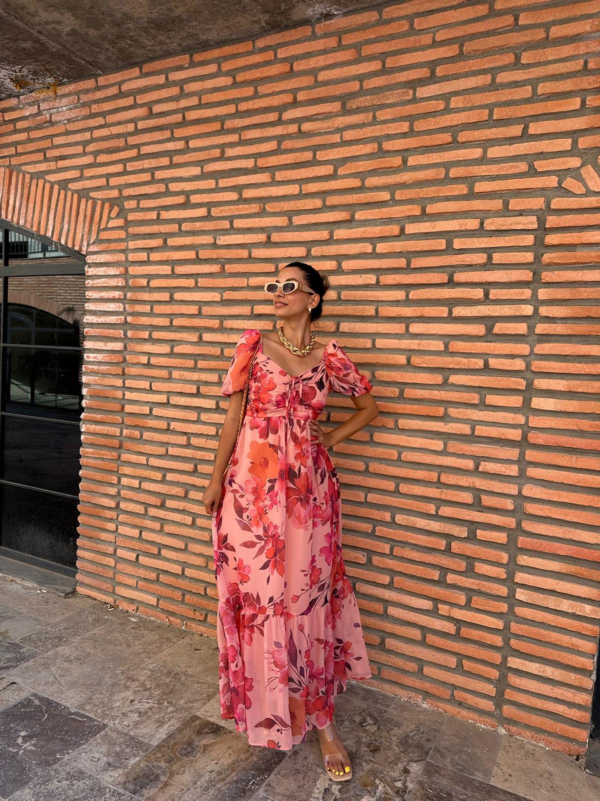 Marla Pembe Çiçekli Şifon Elbise 070621160