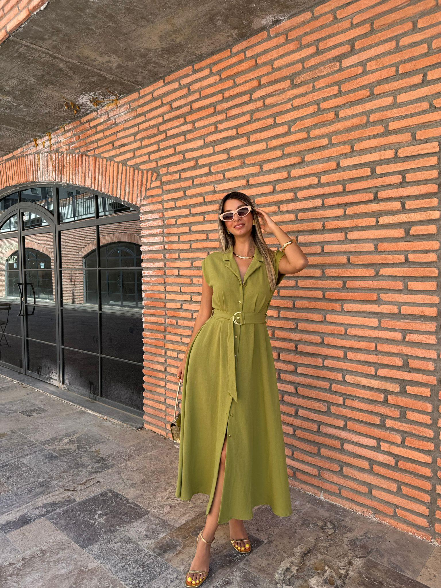 Mavina Gold Düğmeli Kuşaklı Keten Elbise Yağ Yeşili 070621157