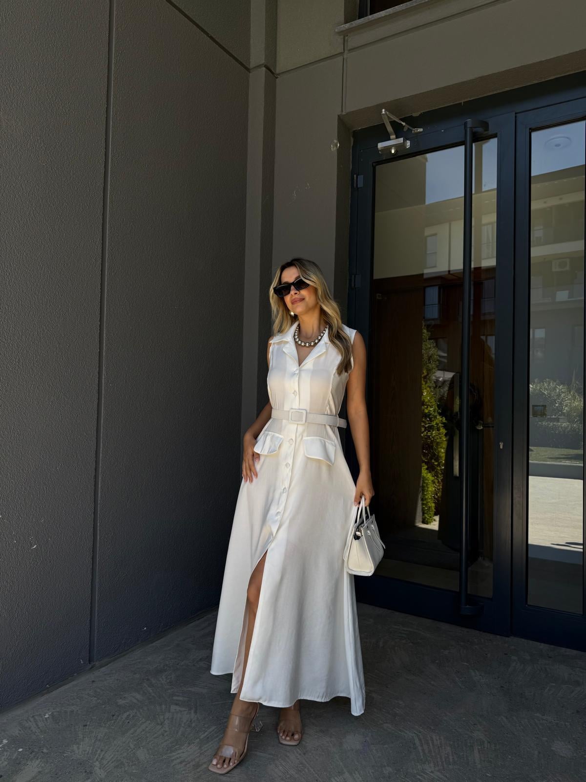 Megan Tensel Kumaş Düğmeli Kemerli Maxi Elbise Beyazyelb2057mnş