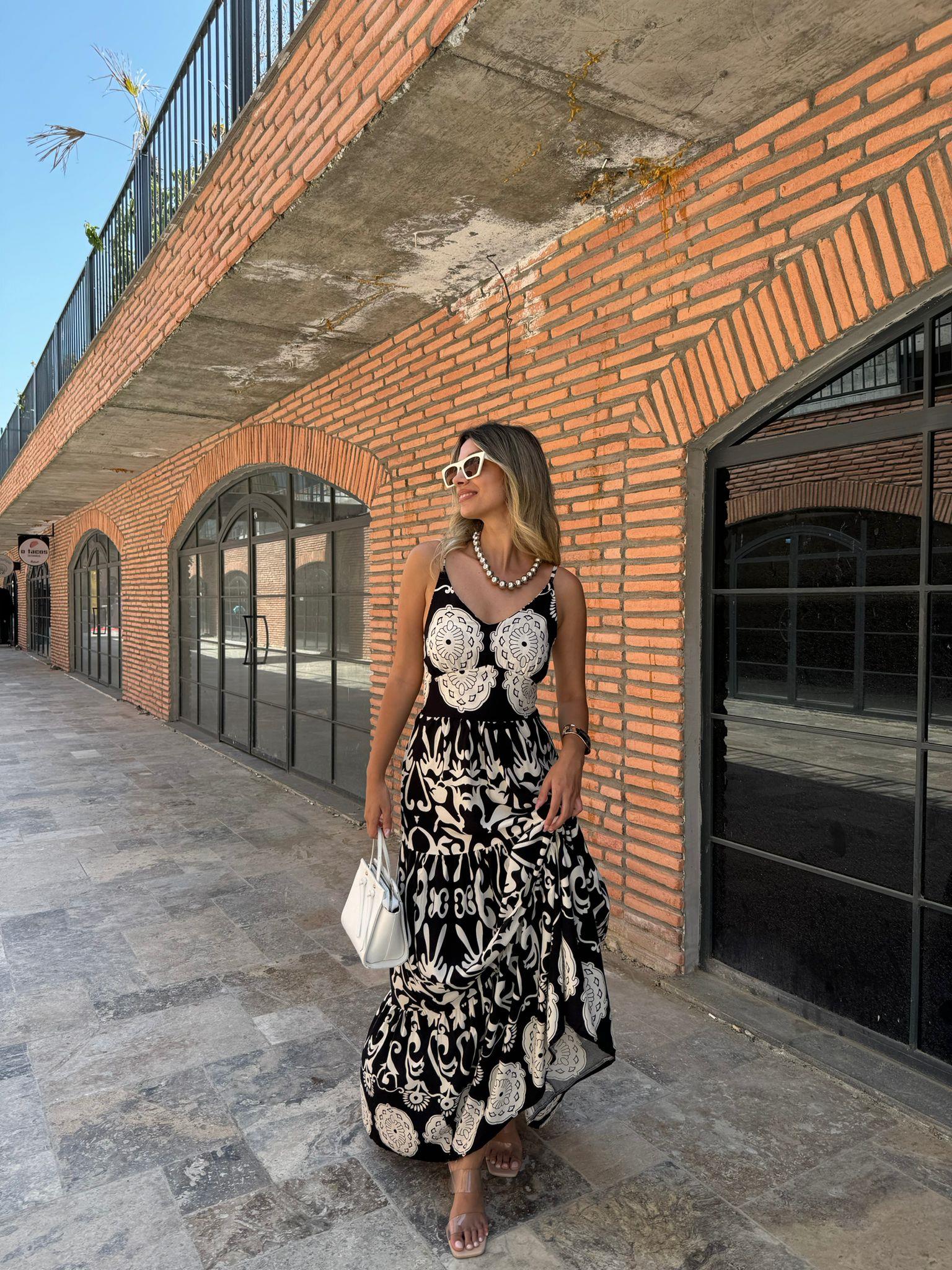 Mela İp Askı Beyaz Şal Desenli Poplin Elbise Siyah 070621110