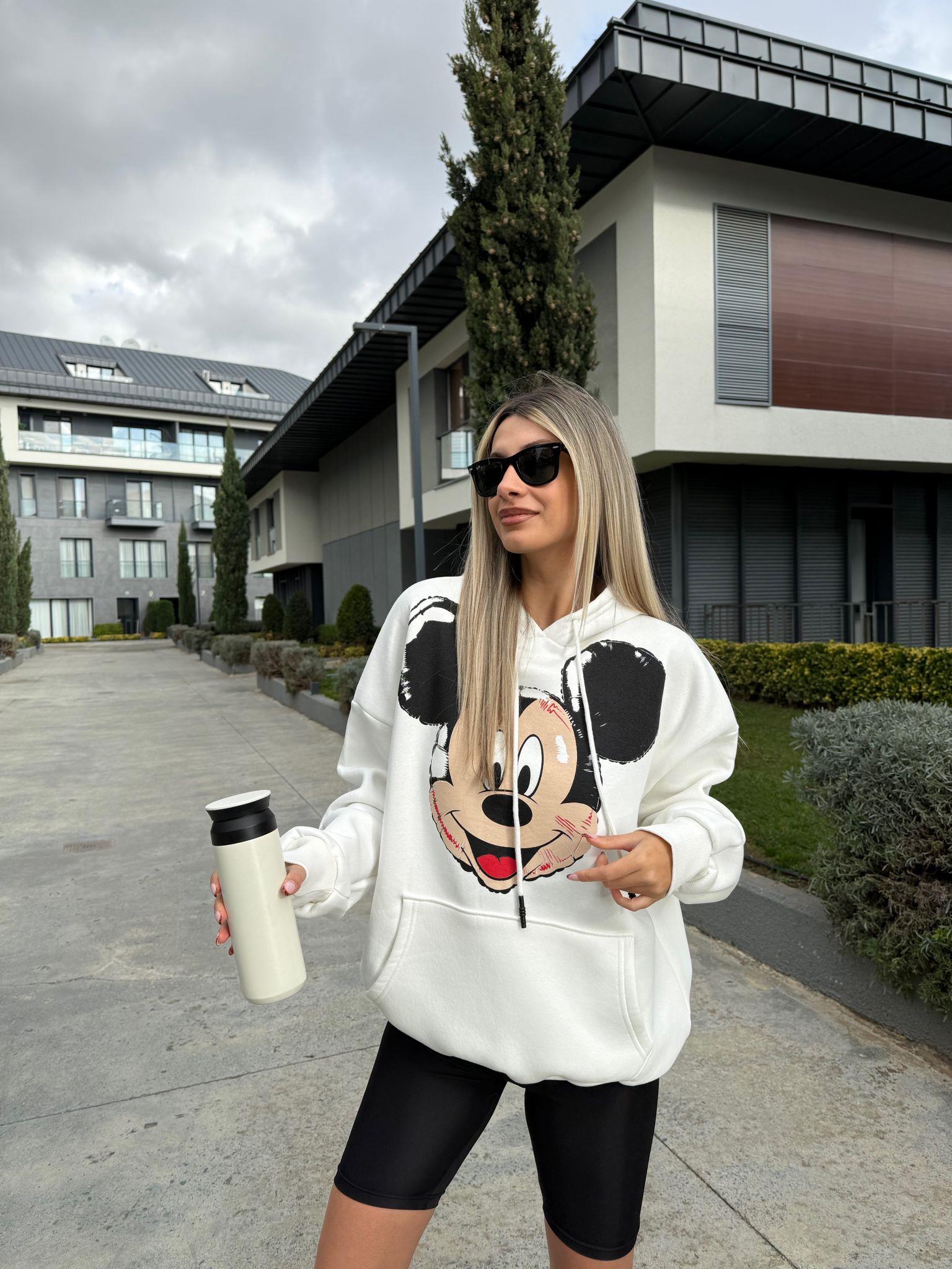 Mickey Baskı Kapüşonlu Beyaz  Sweat swt1045ogz
