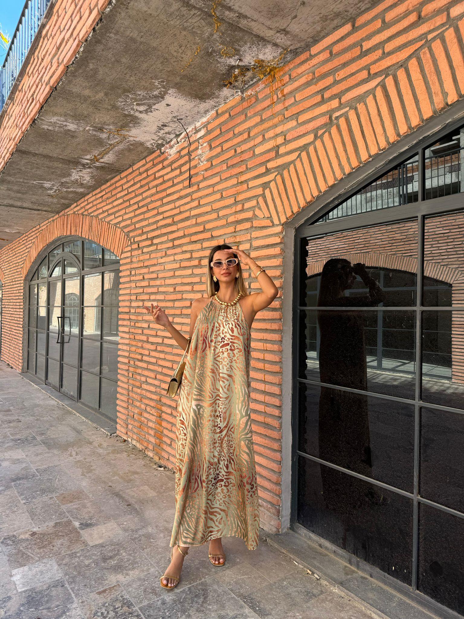 Miessa Varak Leopar Baskılı Su Yeşili Elbise 07062193