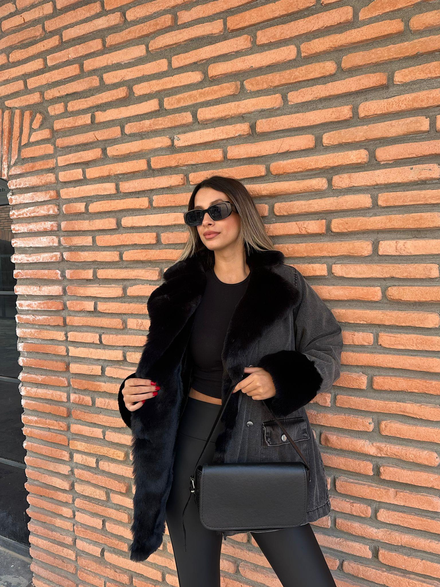 Mila Antrasit İçi Siyah Kürk Detay Uzun Jean Mont mnt1051sg