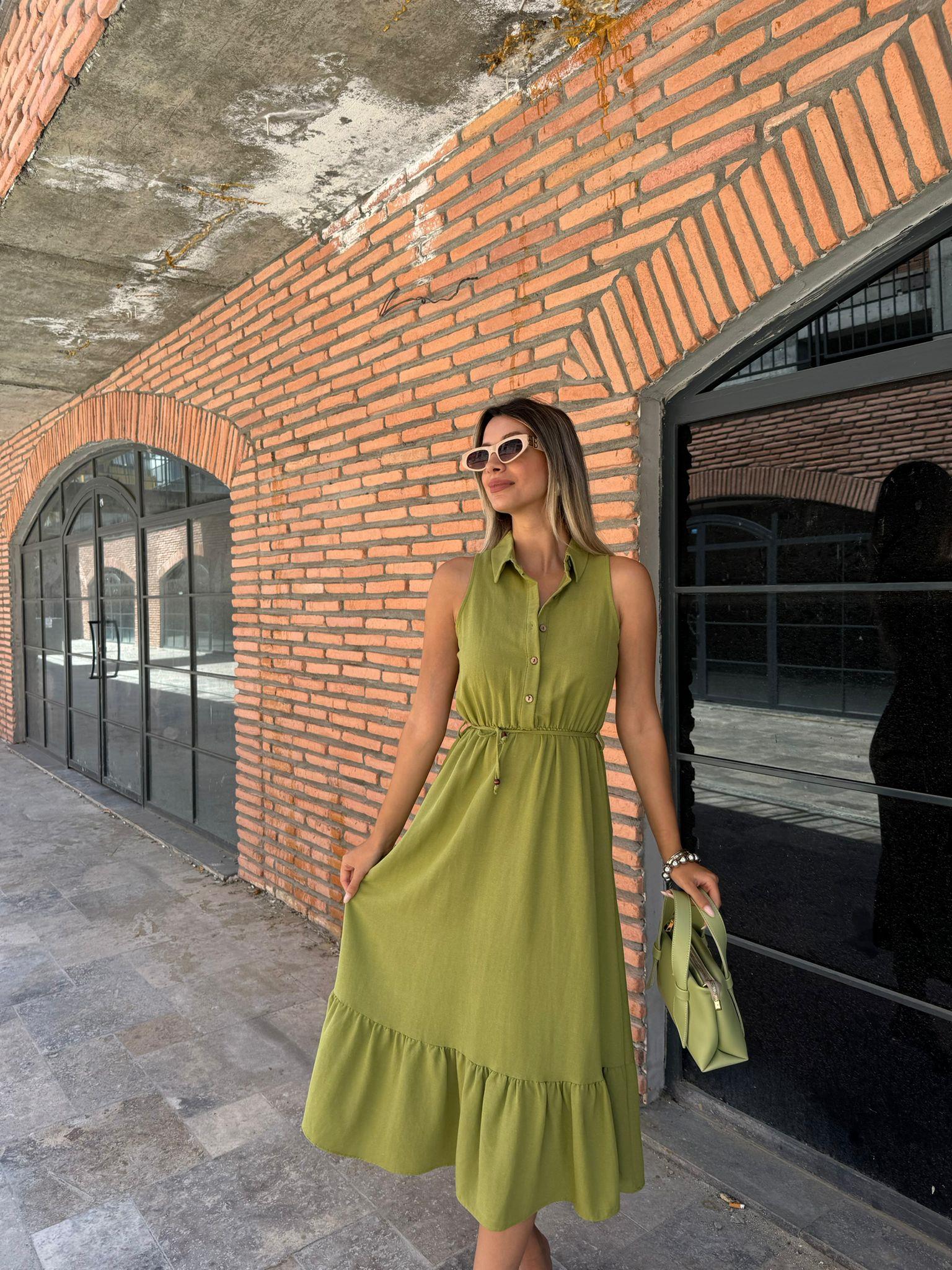 Minerta Kolsuz Yağ Yeşili Keten Elbise 070621145