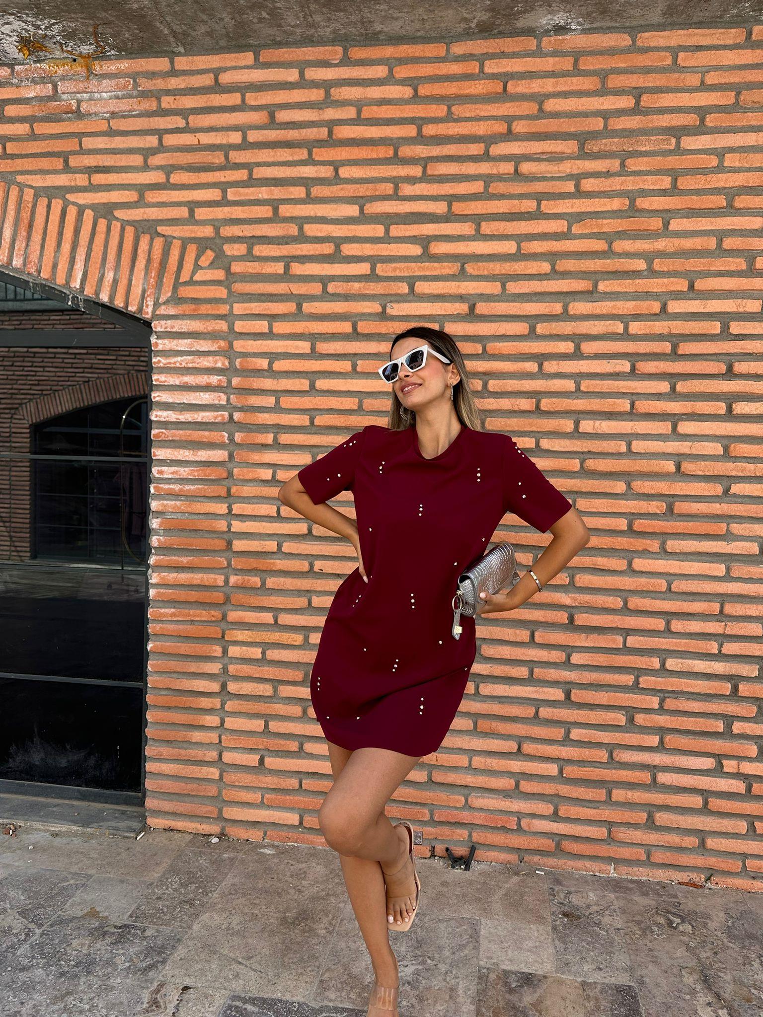 Minik Taşlı Kısa Kollu Bordo Elbise 070621226
