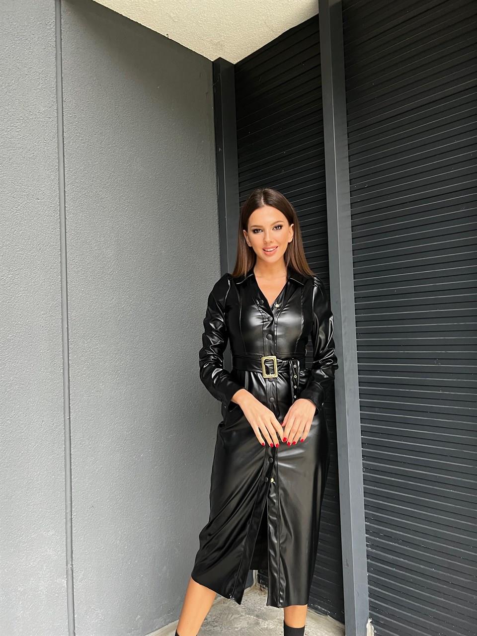 Mirela Kemerli Deri Elbise 7451