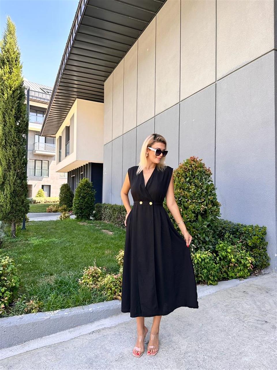 Mola Çift Düğmeli Keten Elbise Siyah  1707327