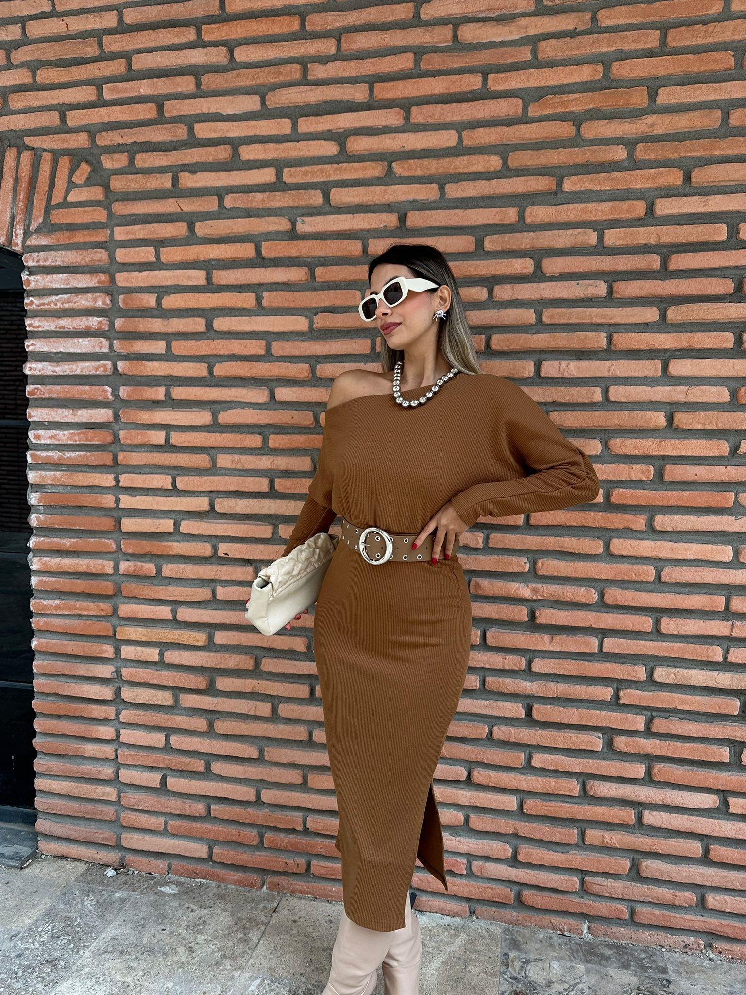 Monica Kemerli Fitilli Kiremit Elbise kelb1039ny