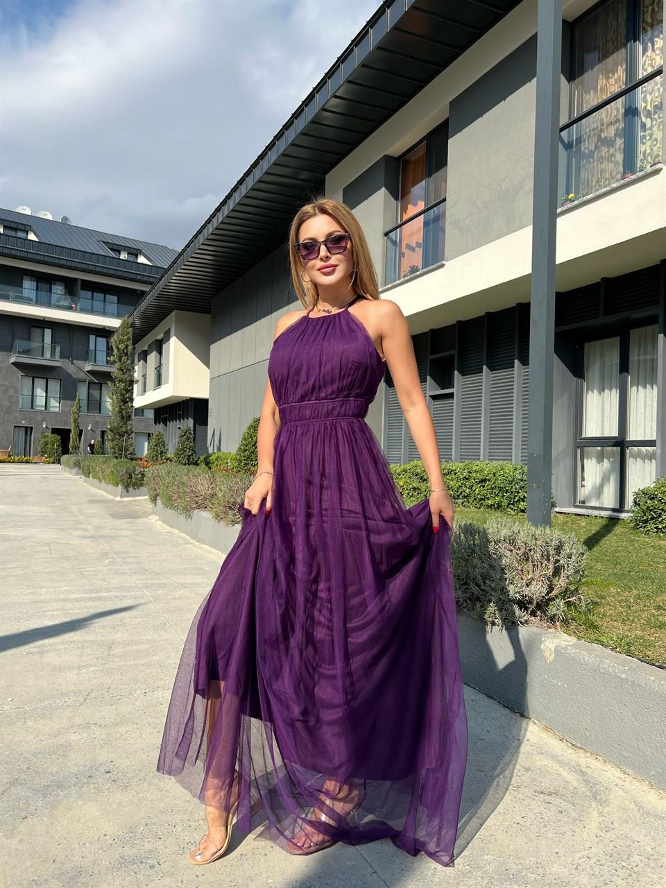 Mor İp Askı Astarlı Tül Elbise