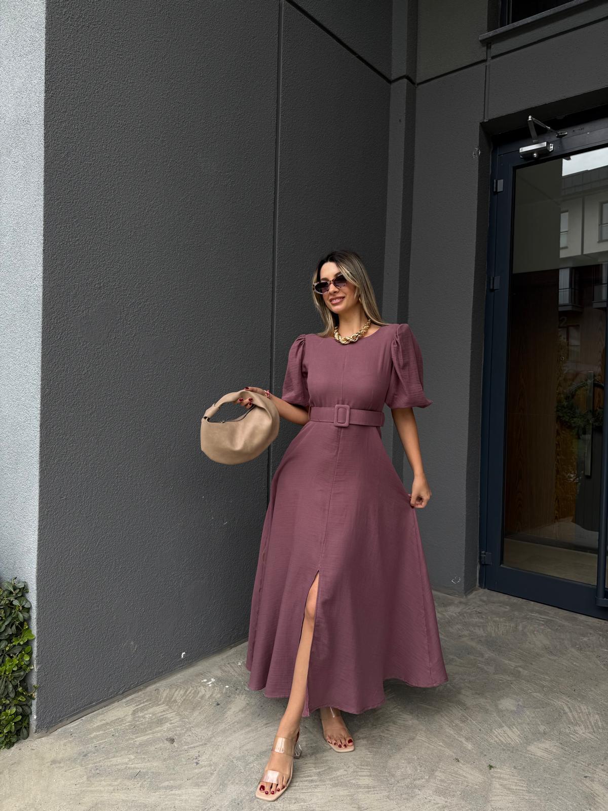 Müslin Kumaş Balon Kol Kemerli Elbise Gül Kurusuyelb3001ent