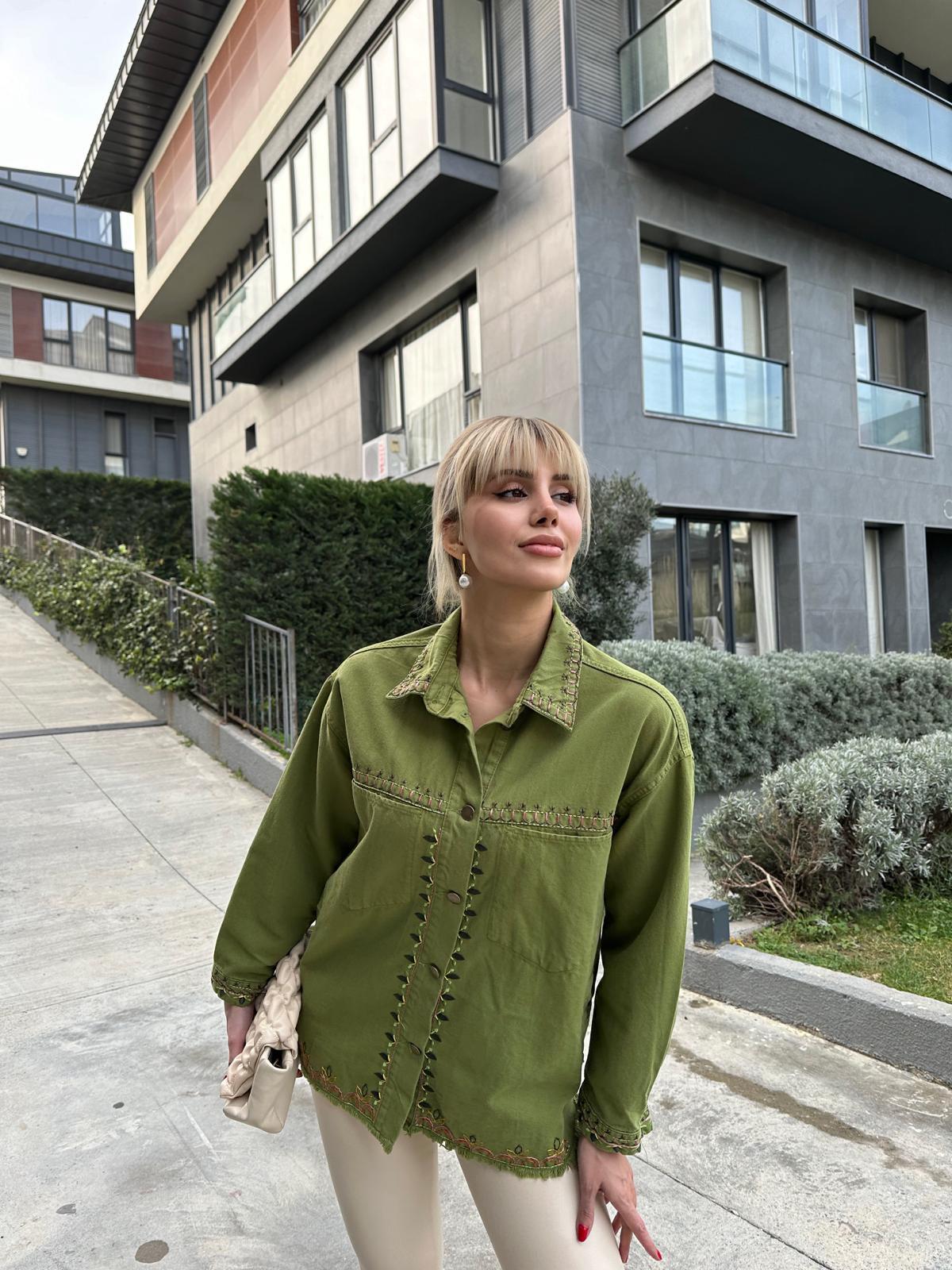 Nakış İşlemeli Yeşil Kot Ceket  17074549