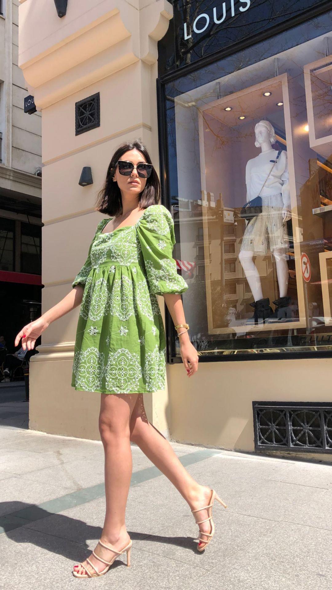 Nakışlı Yeşil Mini Elbise 0706266