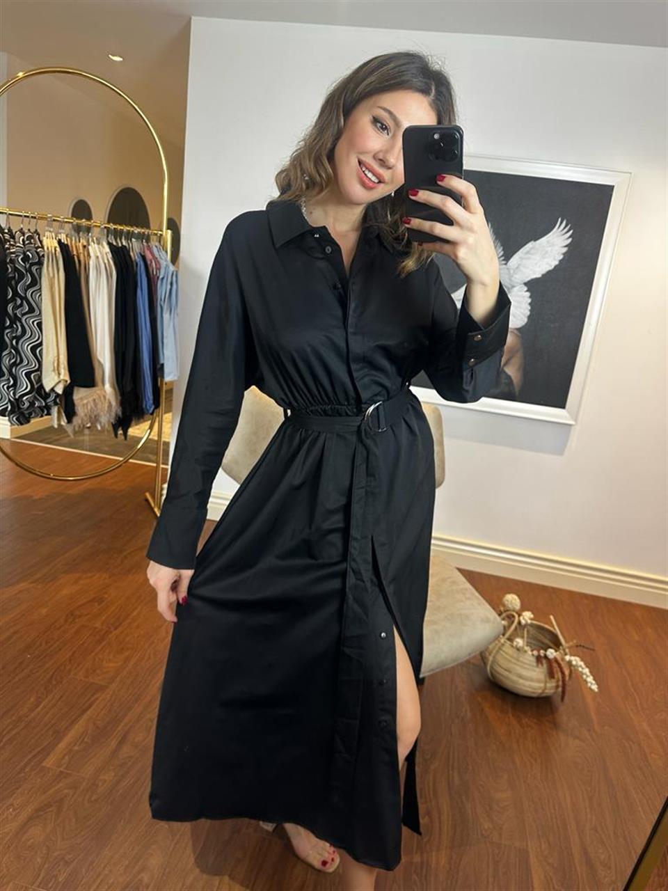 Nasha Kemerli Siyah Poplin Elbise 230251