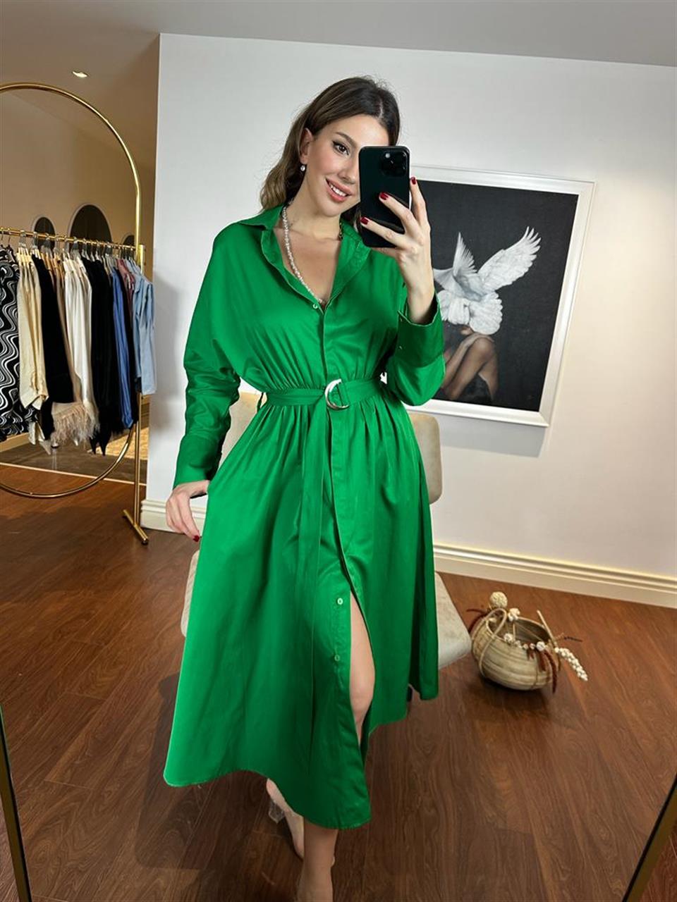 Nasha Kemerli Yeşil Poplin Elbise 230251