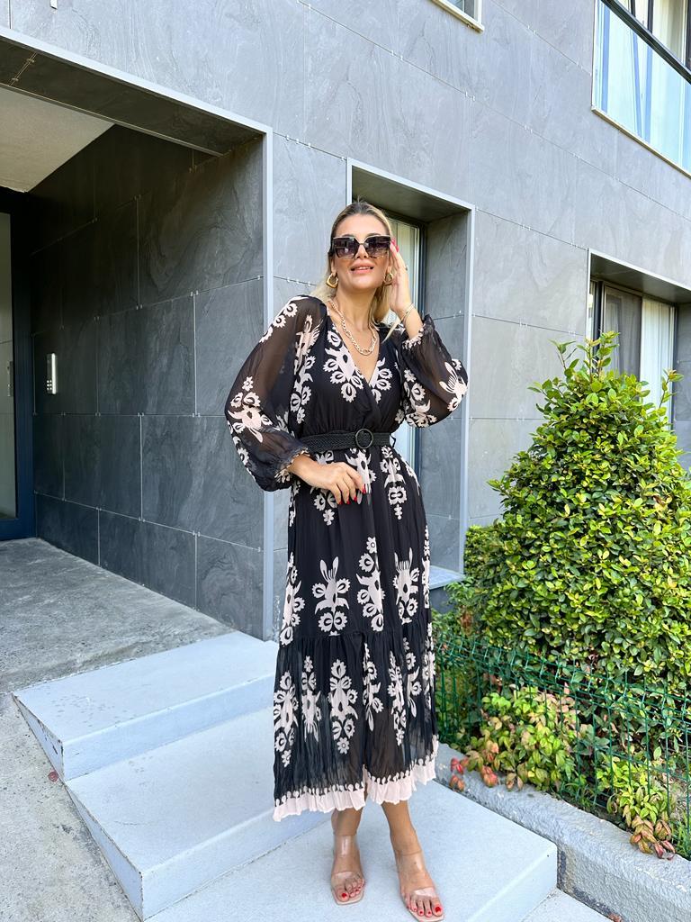 Nila Kilim Motifli Şifon Elbise Siyah 1707352