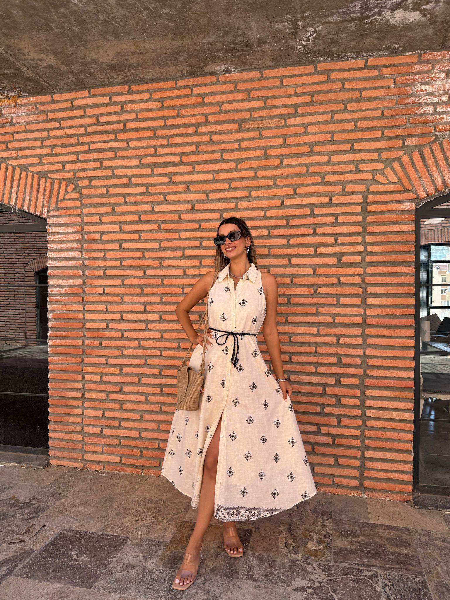 Nova İp Kuşaklı Kolsuz Keten Elbise 070621174