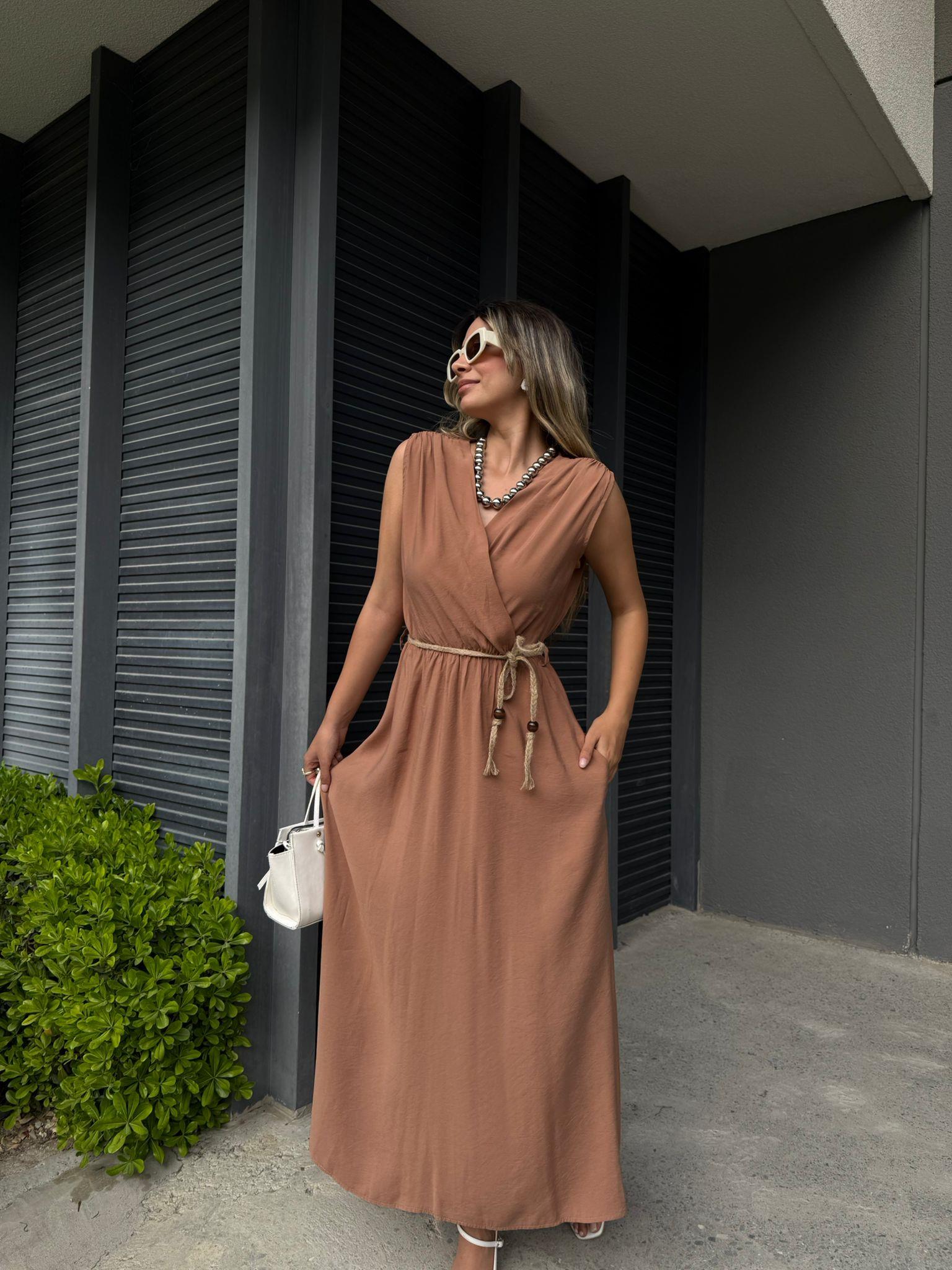 Omuz Büzgülü Hasır İp Kemerli Camel Elbiseyelb1020egz