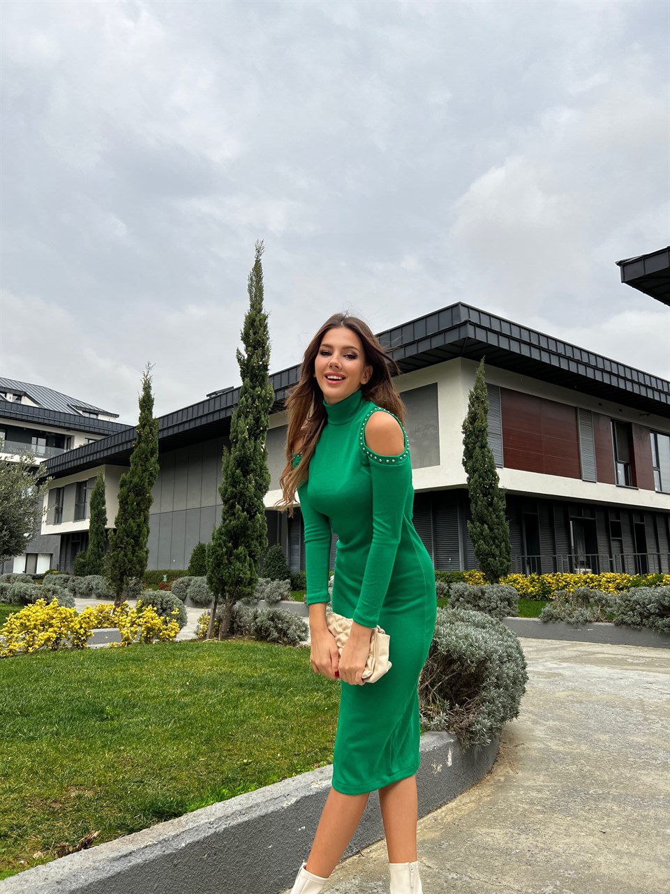 Omuz Droplu Boğazlı Yeşil Triko Elbise 1743-YEŞİL