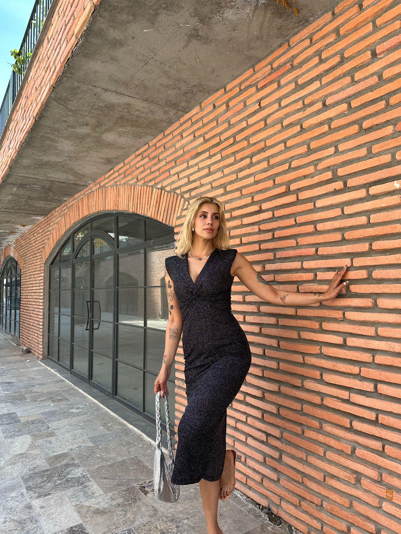 Omuz Vatkalı Simli Igor Kadın Siyah Elbise 0706299