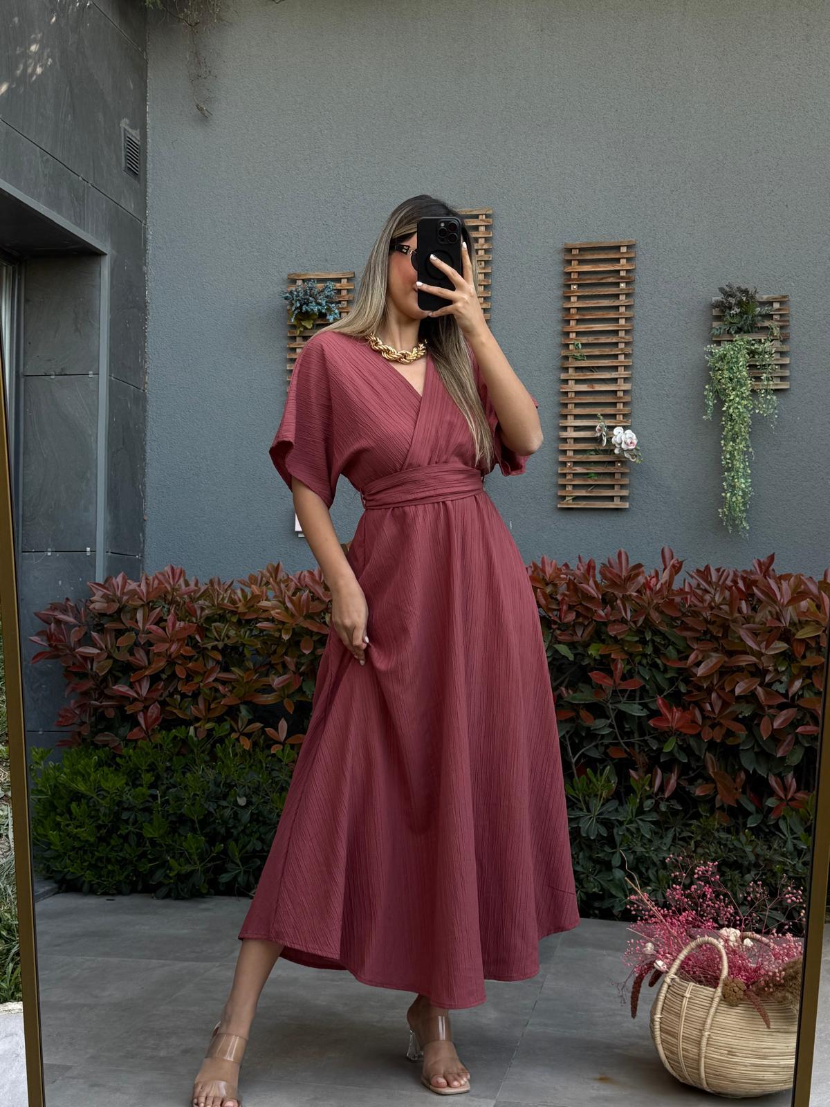 Ön Arka V Keten Elbise Gülkurusuyelb3011ny