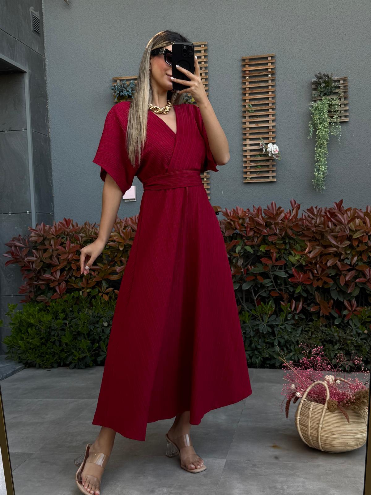 Ön Arka V Keten Elbise Kırmızıyelb3011ny